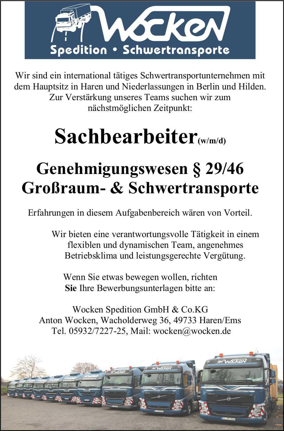 Wocken Spedition GmbH & Co. KG sucht Sachbearbeiter (m/w/d)