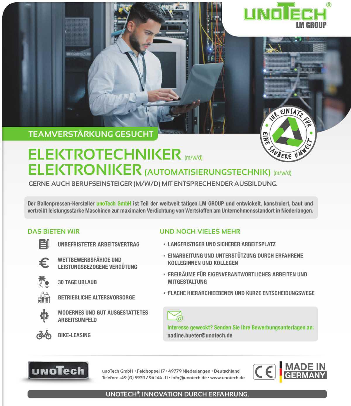 unoTech GmbH sucht Elektrotechniker / Elektroniker Automatisierungstechnik (m/w/d)