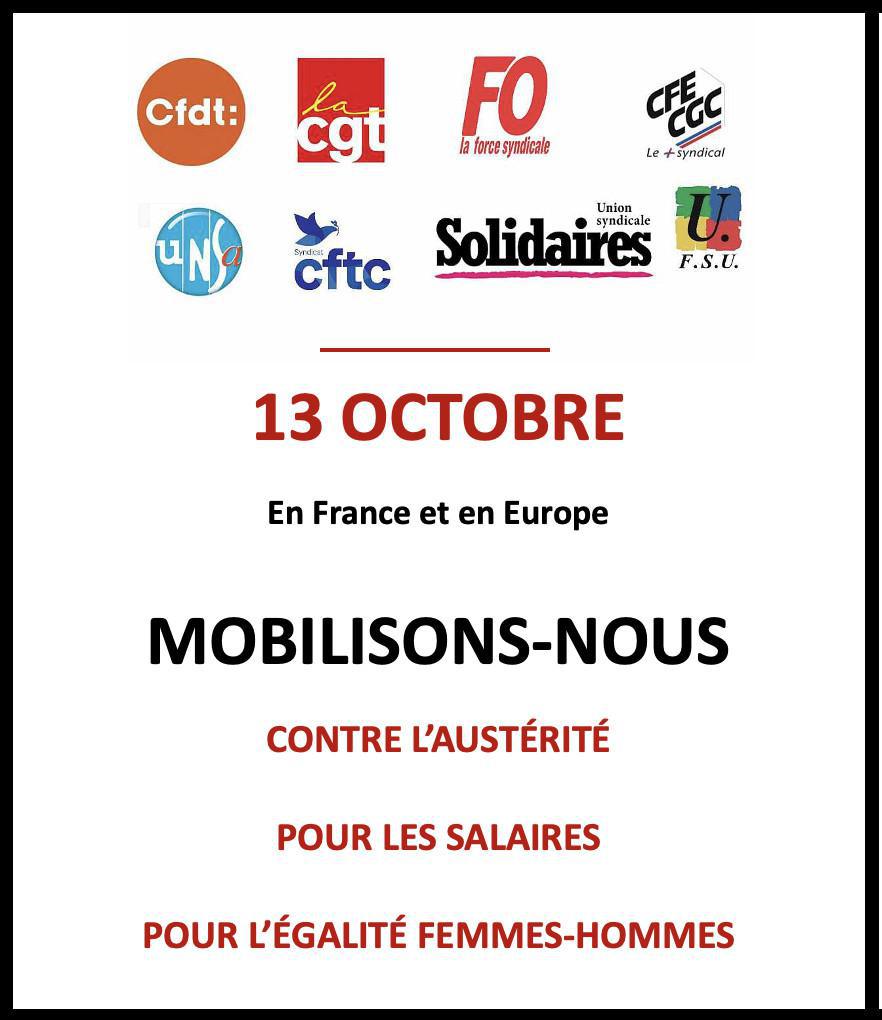 Le 13 octobre, en France et en Europe MOBILISONS-NOUS contre l'austérité, pour les salaires et l'égalité femmes-hommes !