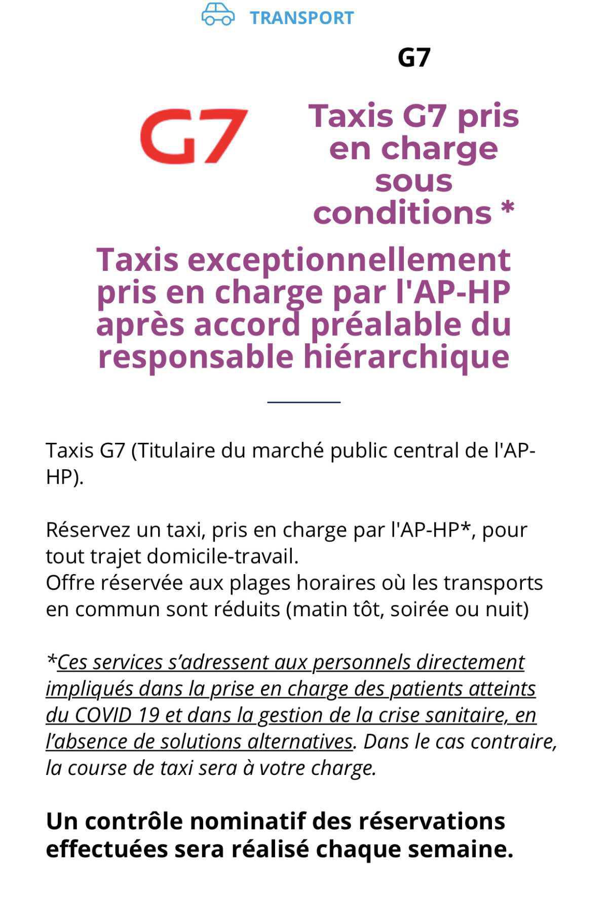 Taxis G7 pris de nouveau en charge mais sous conditions ! 