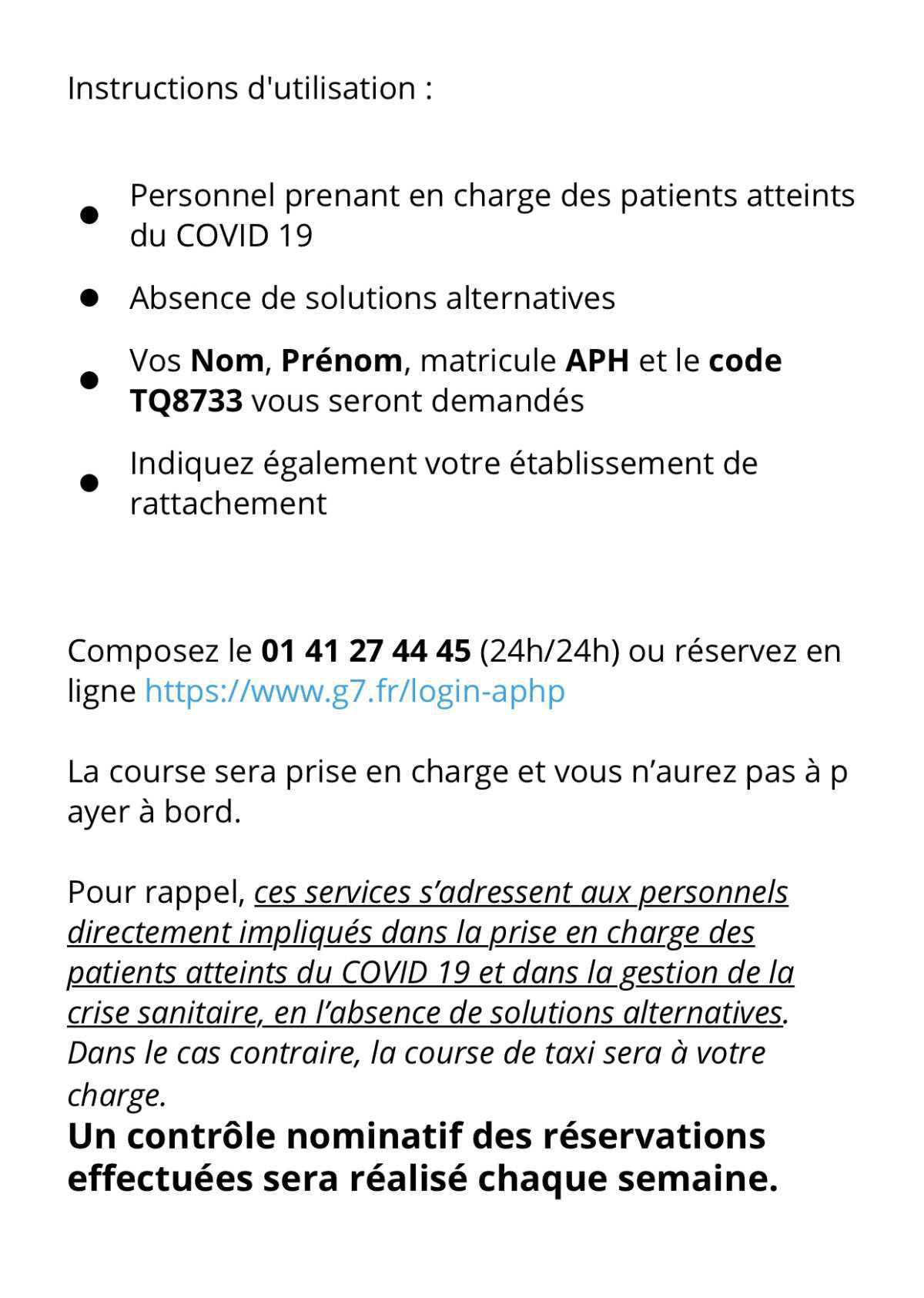 Taxis G7 pris de nouveau en charge mais sous conditions ! 