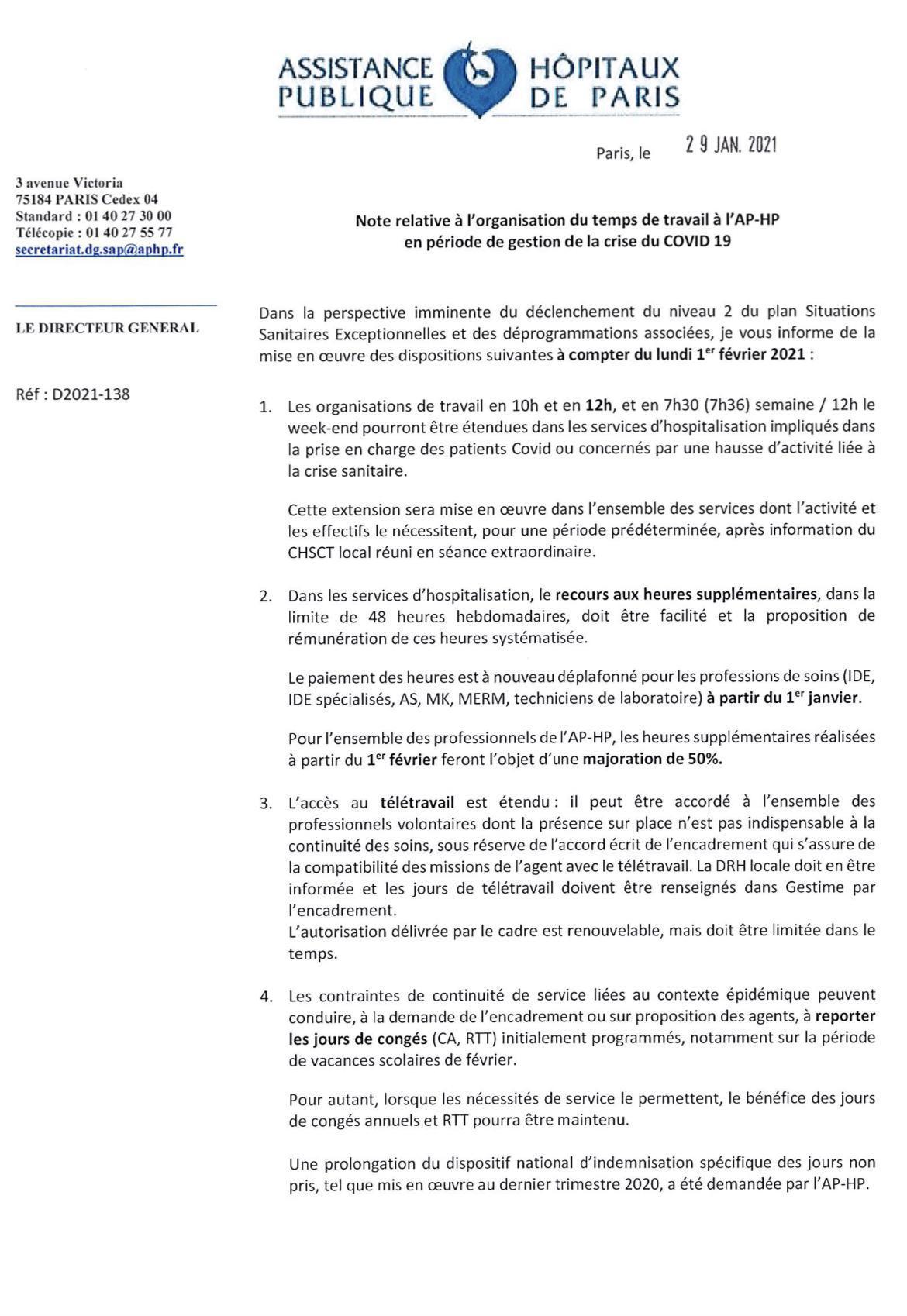 Note : organisation du temps de travail à l'AP-HP en période de gestion de la crise du COVID 19 à partir du 1 er Février 2021 Note : organisation du temps de travail à l'AP-HP en période de gestion de la crise du COVID 19 à partir du 1 er Février 2021