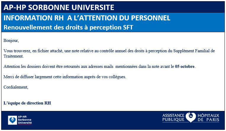 URGENT INFORMATION Paris Sorbonne RH - CONTROLE ANNUEL DES DROITS A PERCEPTION DU SUPPLEMENT FAMILIAL DE TRAITEMENT