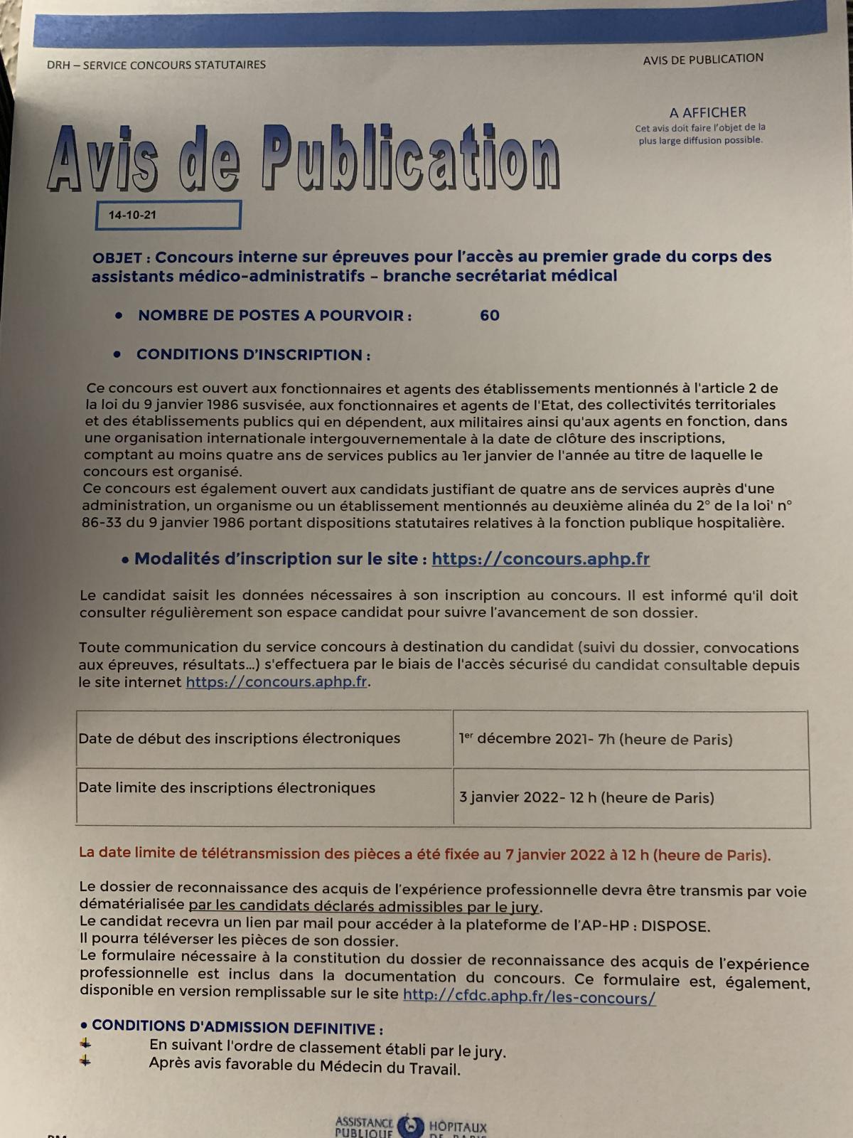 Avis de concours à l’accès au premier grade du corps des AMA - branche secrétariat médical 