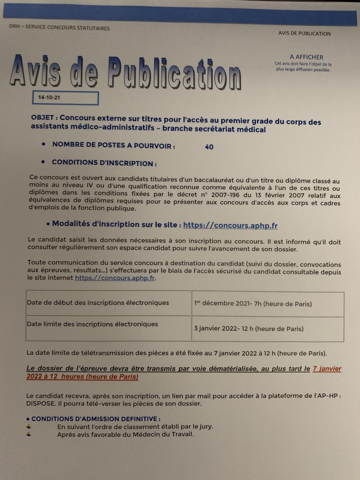 Avis de concours à l’accès au premier grade du corps des AMA - branche secrétariat médical  Avis de concours à l’accès au premier grade du corps des AMA - branche secrétariat médical