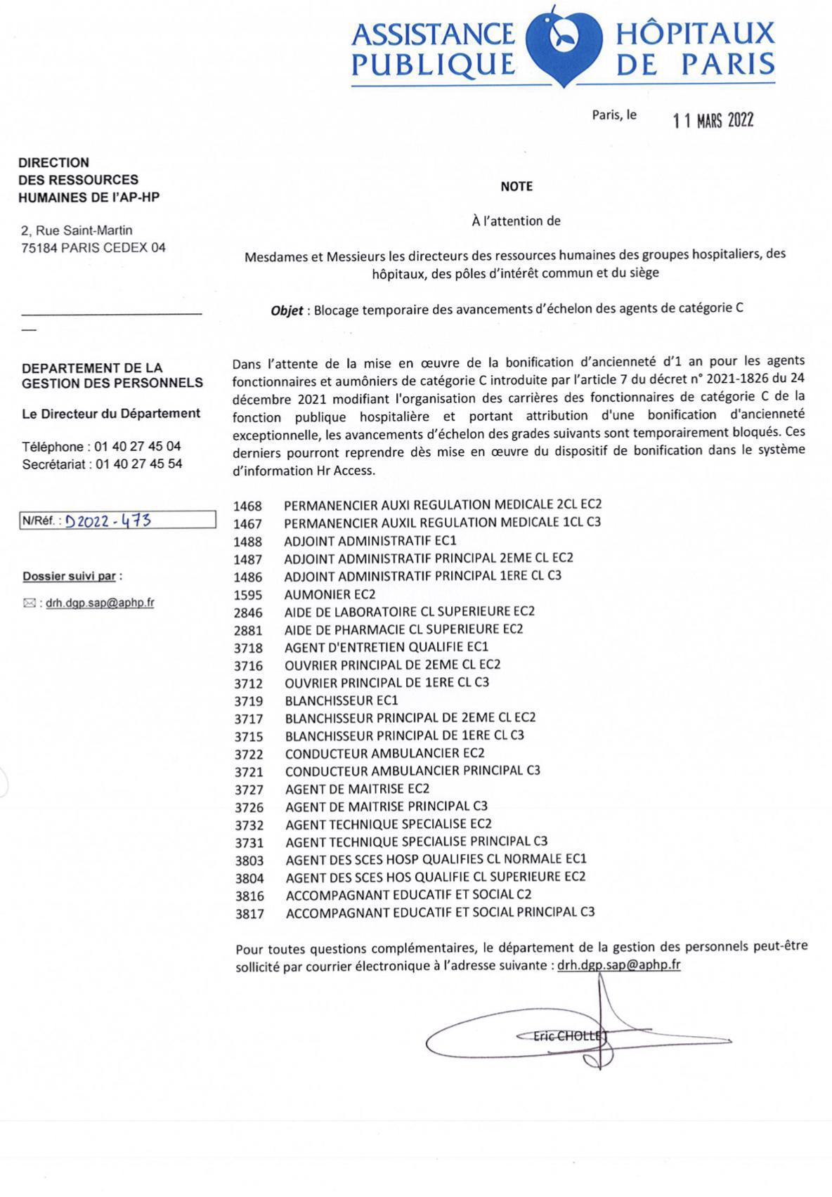 Note D2022-473 - Blocage temporaire des avancements d'échelon des agents de catégorie C Note D2022-473 - Blocage temporaire des avancements d'échelon des agents de catégorie C