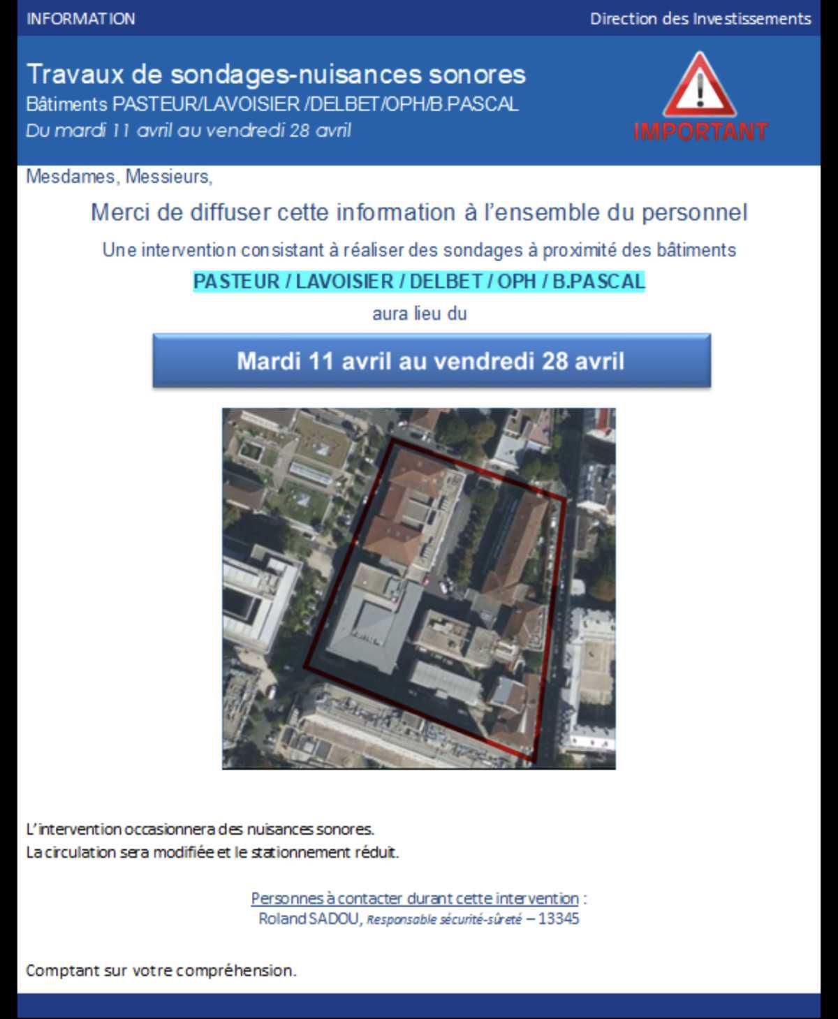 Diffusion générale - IMPORTANT-Nuisances sonores pour travaux de sondages-proximité Pasteur-du 11/04/2023 au 28/04/2023