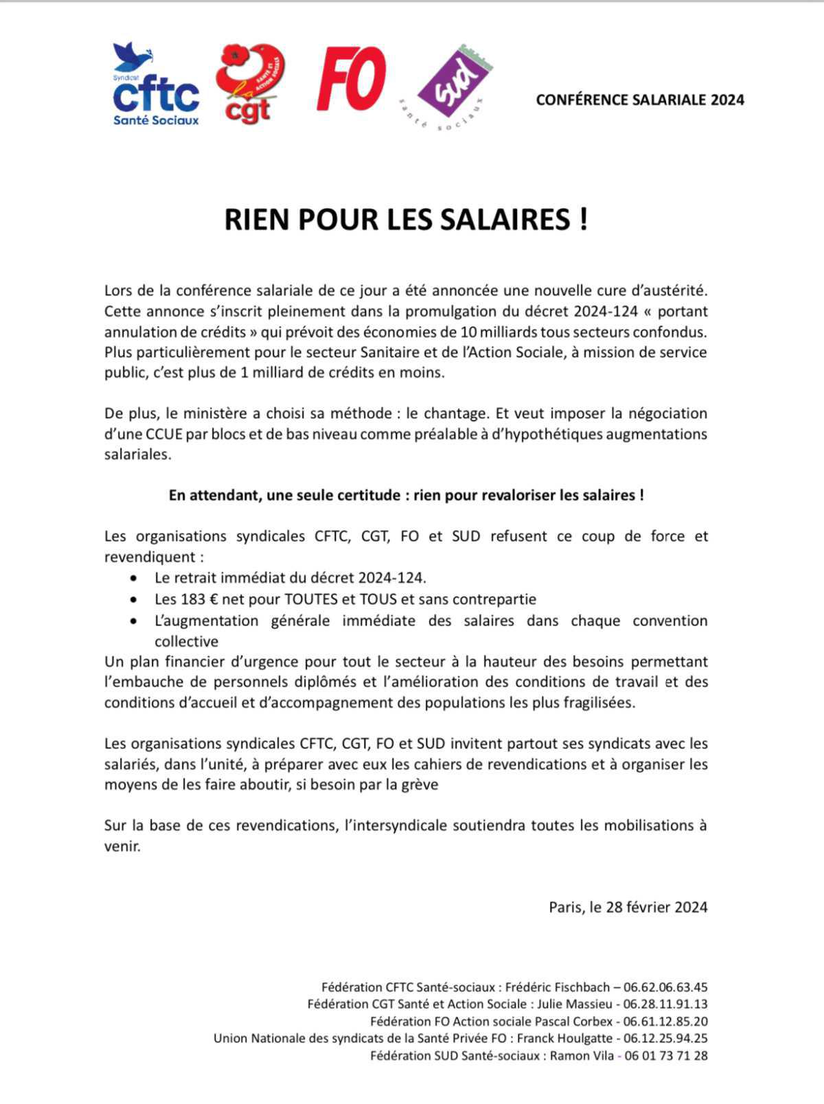 Communiqué de presse intersyndical suite à la conférence salariale 2024 - RIEN POUR LES SALAIRES !