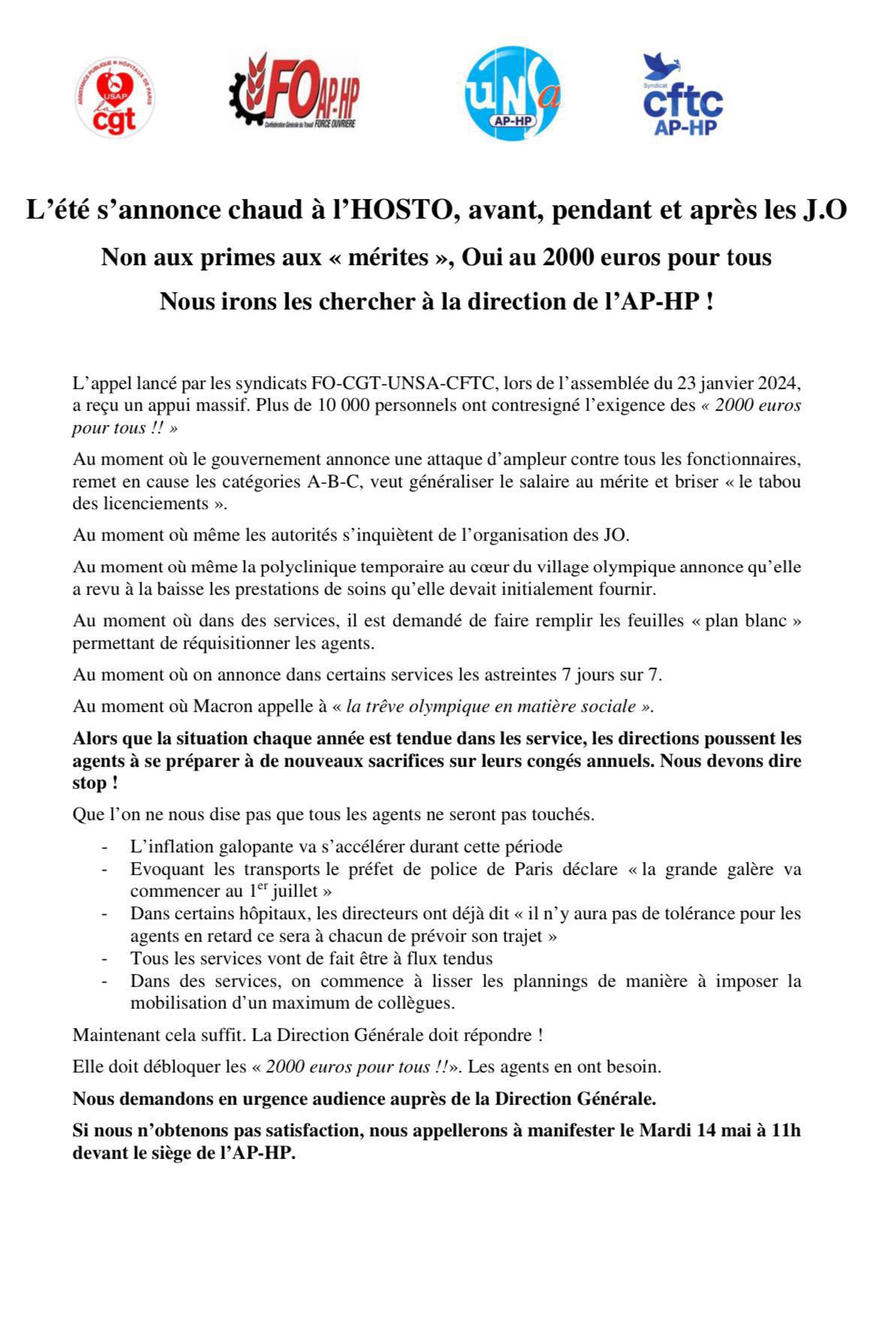 Spécial JO - 2000€ pour tous !! Mardi 14 Mai à 11h devant le siège de l’AP-HP Spécial JO - 2000€ pour tous !! Mardi 14 Mai à 11h devant le siège de l’AP-HP