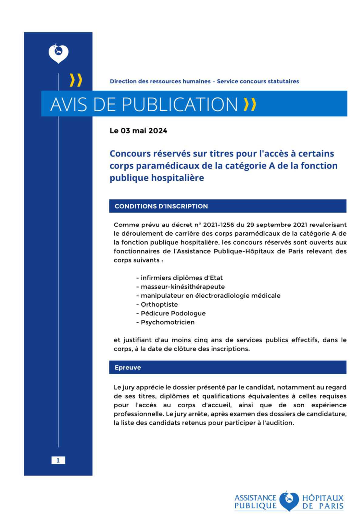 Avis de concours réservés sur titres pour l'accès à certains corps paramédicaux de la catégorie A de la fonction publique hospitalière