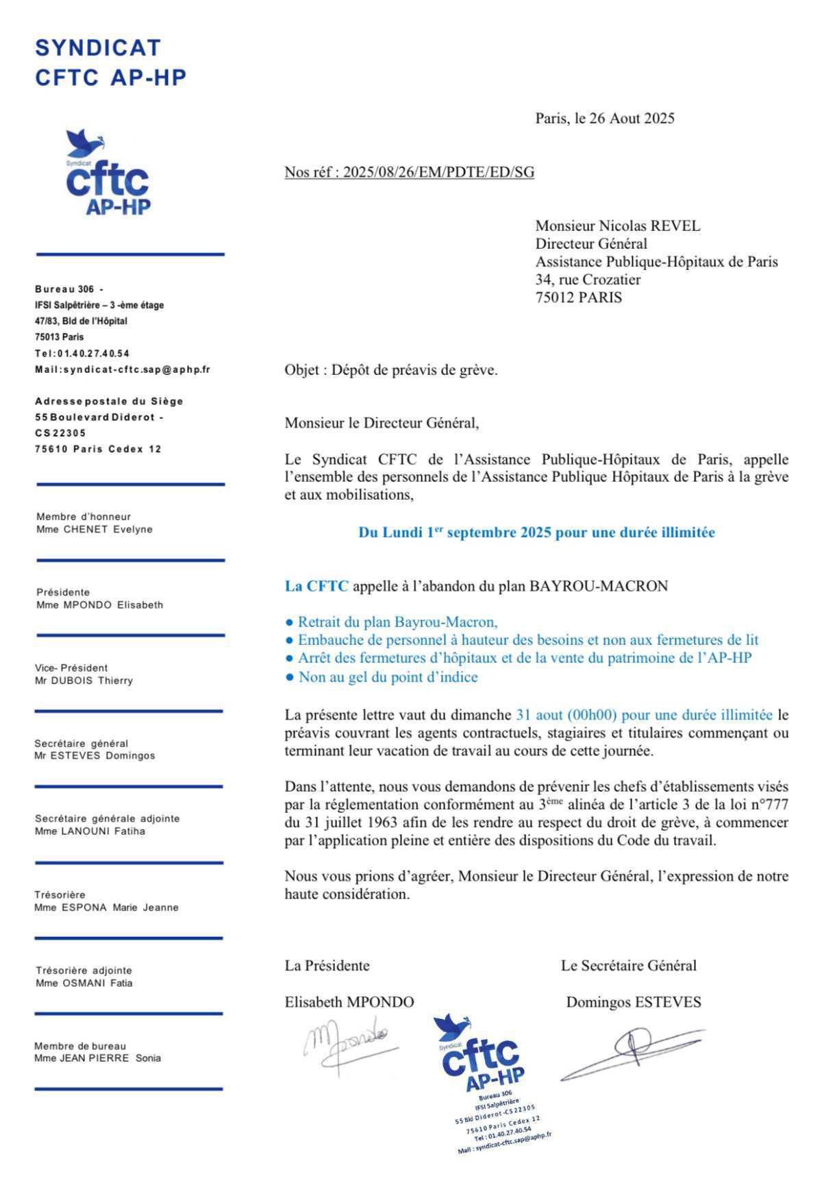 La CFTC AP-HP dépose un préavis de grève illimitée à partir du 1 er Septembre 