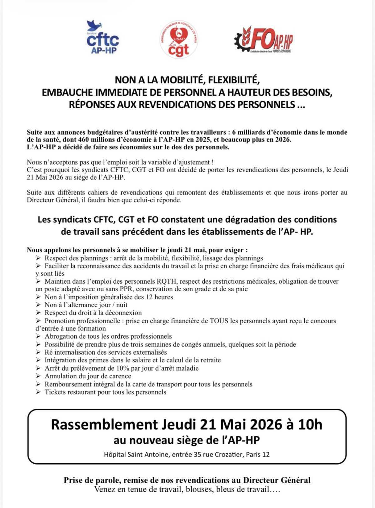 NON A LA MOBILITÉ, FLEXIBILITÉ, EMBAUCHE IMMEDIATE DE PERSONNEL A HAUTEUR DES BESOINS, RÉPONSES AUX REVENDICATIONS DES PERSONNELS ...