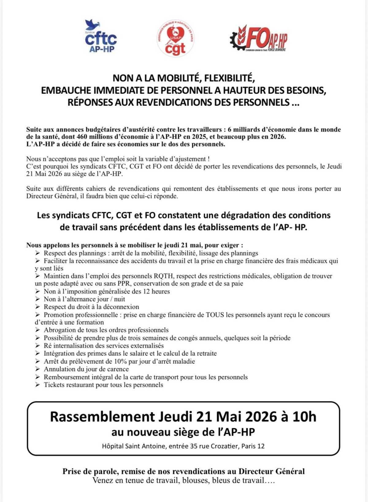 Mobilisation du 21 mai - intersyndicale CFTC-CGT-FO