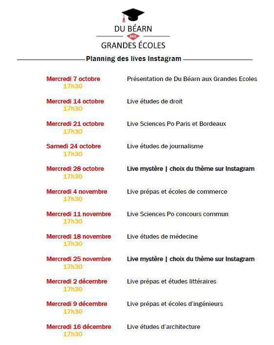 Accompagnement à l'orientation post-bac: les "lives" de DBGE d'octobre à décembre 2020 Accompagnement à l'orientation post-bac: les "lives" de DBGE d'octobre à décembre 2020