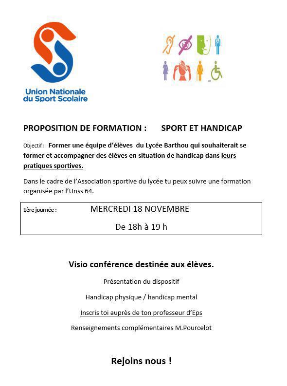 Inscriptions à la formation UNSS "Sport et handicap"