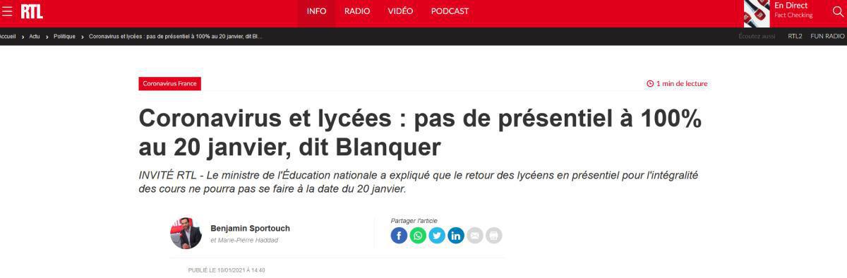 Poursuite du plan actuel de continuité pédagogique "hybride" pour les 2des et 1ères jusqu'au 30 janvier 2021 