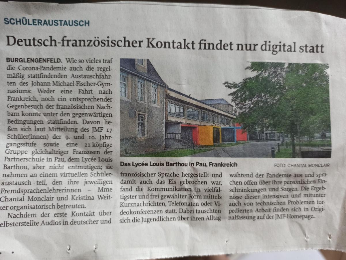 Des élèves français et allemands échangent sur la vie avec le Coronavirus à Burglengenfeld en Bavière Des élèves français et allemands échangent sur la vie avec le Coronavirus à Burglengenfeld en Bavière