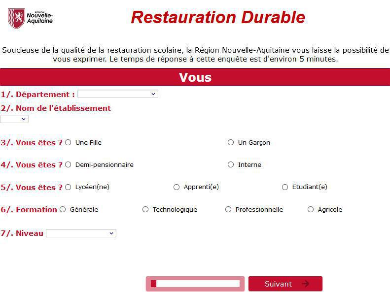 Enquête de la Région Nouvelle-Aquitaine sur la Restauration scolaire du 9 décembre 2021 au 28 janvier 2022 Enquête de la Région Nouvelle-Aquitaine sur la Restauration scolaire du 9 décembre 2021 au 28 janvier 2022