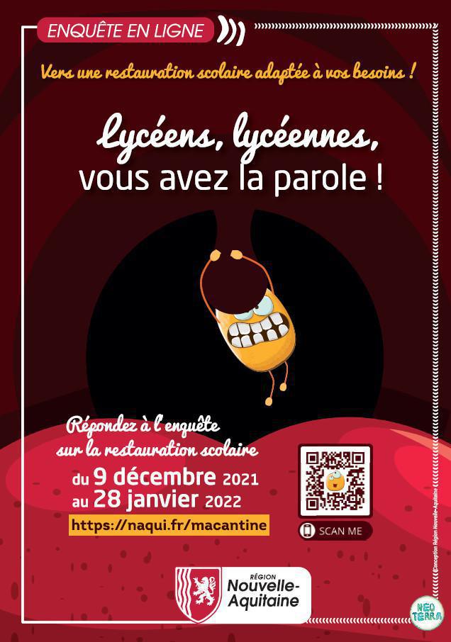Enquête de la Région Nouvelle-Aquitaine sur la Restauration scolaire du 9 décembre 2021 au 28 janvier 2022 Enquête de la Région Nouvelle-Aquitaine sur la Restauration scolaire du 9 décembre 2021 au 28 janvier 2022