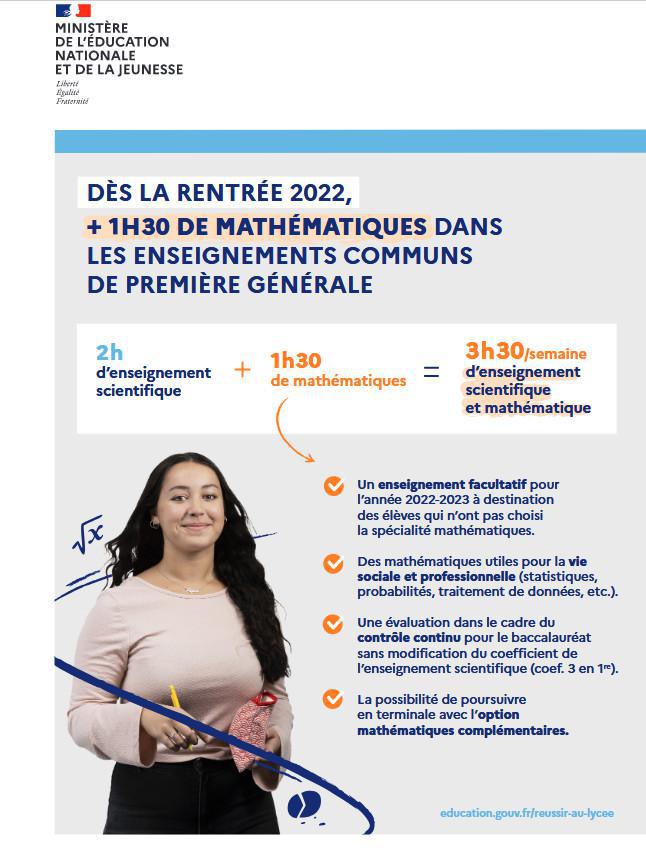 Information ministérielle : le renforcement des mathématiques en 1ère générale à la rentrée 2022