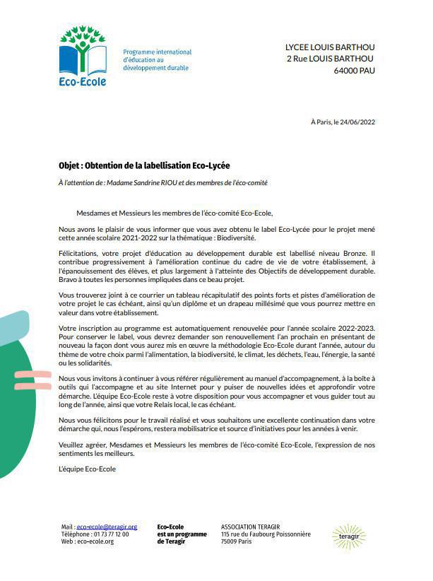 Pour la 10ème année, le Lycée Louis Barthou obtient le label Eco-Ecole ! Pour la 10ème année, le Lycée Louis Barthou obtient le label Eco-Ecole !