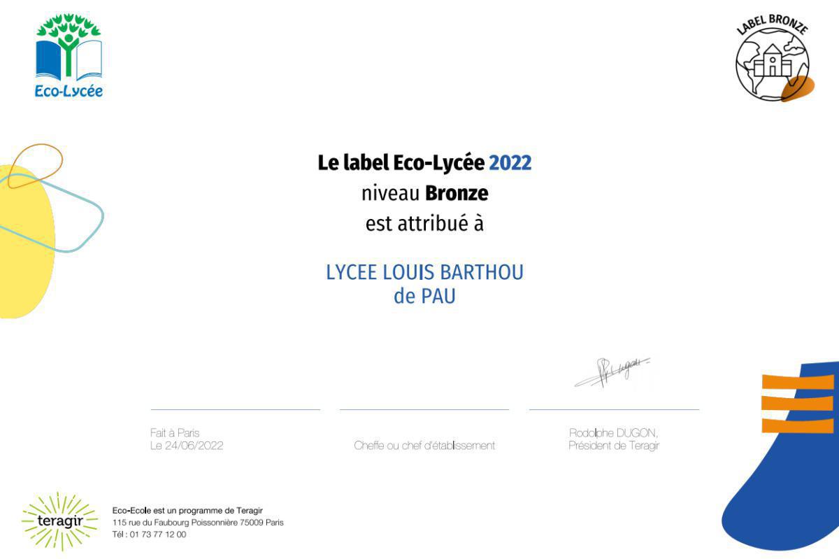 Pour la 10ème année, le Lycée Louis Barthou obtient le label Eco-Ecole ! Pour la 10ème année, le Lycée Louis Barthou obtient le label Eco-Ecole !