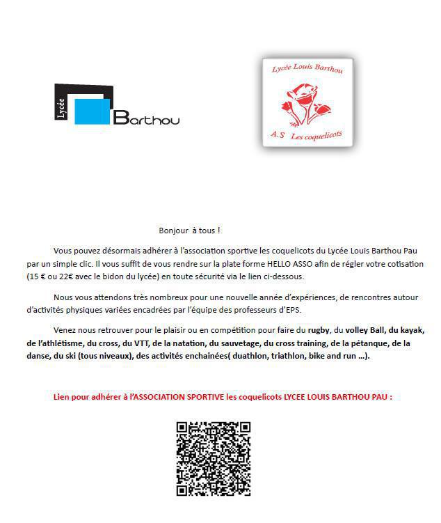 Adhésions 2022-2023 aux associations du lycée : la Maison des Lycéens (MDL) et l'Association Sportive "Les Coquelicots" Adhésions 2022-2023 aux associations du lycée : la Maison des Lycéens (MDL) et l'Association Sportive "Les Coquelicots"