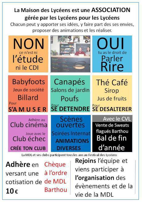 Adhésions 2022-2023 aux associations du lycée : la Maison des Lycéens (MDL) et l'Association Sportive "Les Coquelicots" Adhésions 2022-2023 aux associations du lycée : la Maison des Lycéens (MDL) et l'Association Sportive "Les Coquelicots"