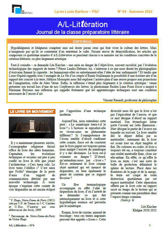 Publication du n°4 de A/L - Littération - Journal de la classe préparatoire littéraire Publication du n°4 de A/L - Littération - Journal de la classe préparatoire littéraire