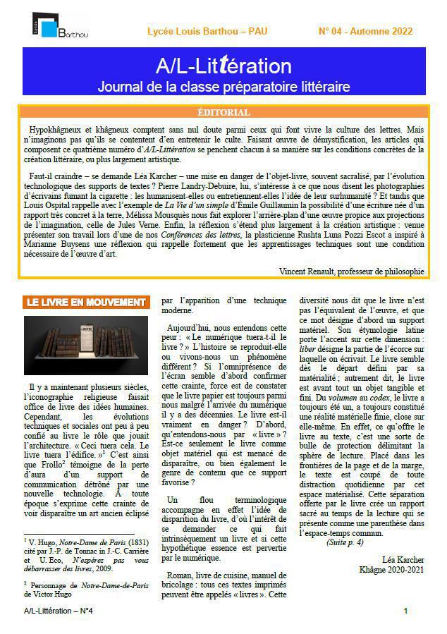 Publication du n°4 de A/L - Littération - Journal de la classe préparatoire littéraire