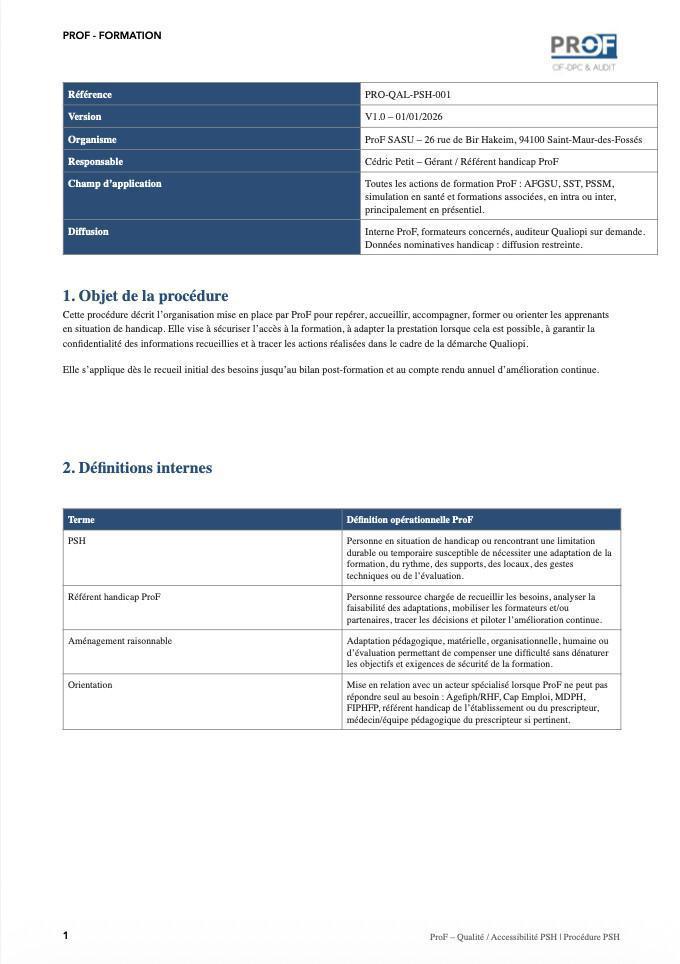 Procédure interne d’accueil et d’accompagnement des personnes en situation de handicap