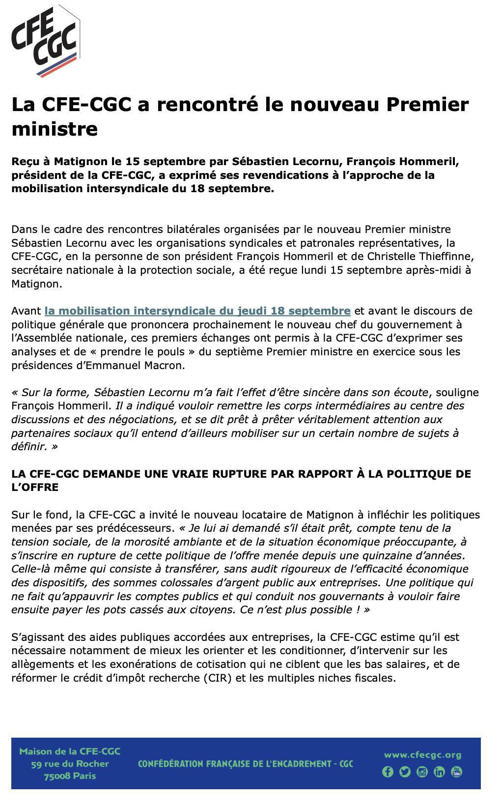 La CFE-CGC a rencontré le nouveau premier ministre
