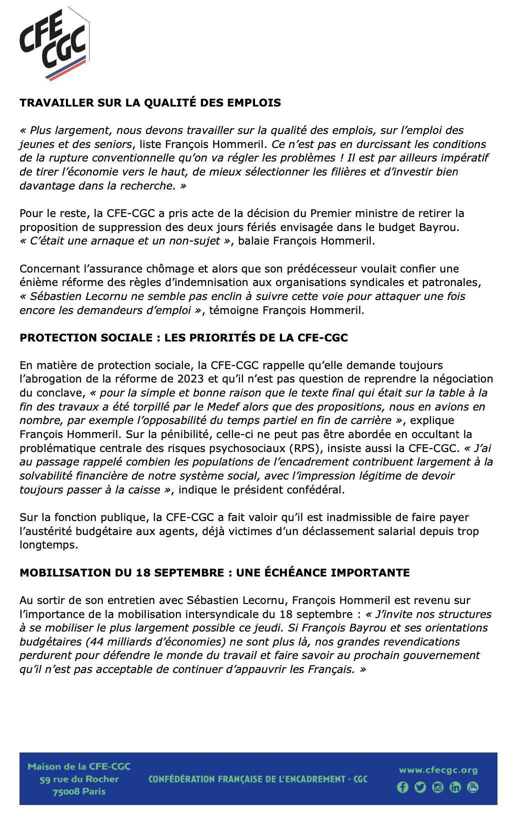 La CFE-CGC a rencontré le nouveau premier ministre