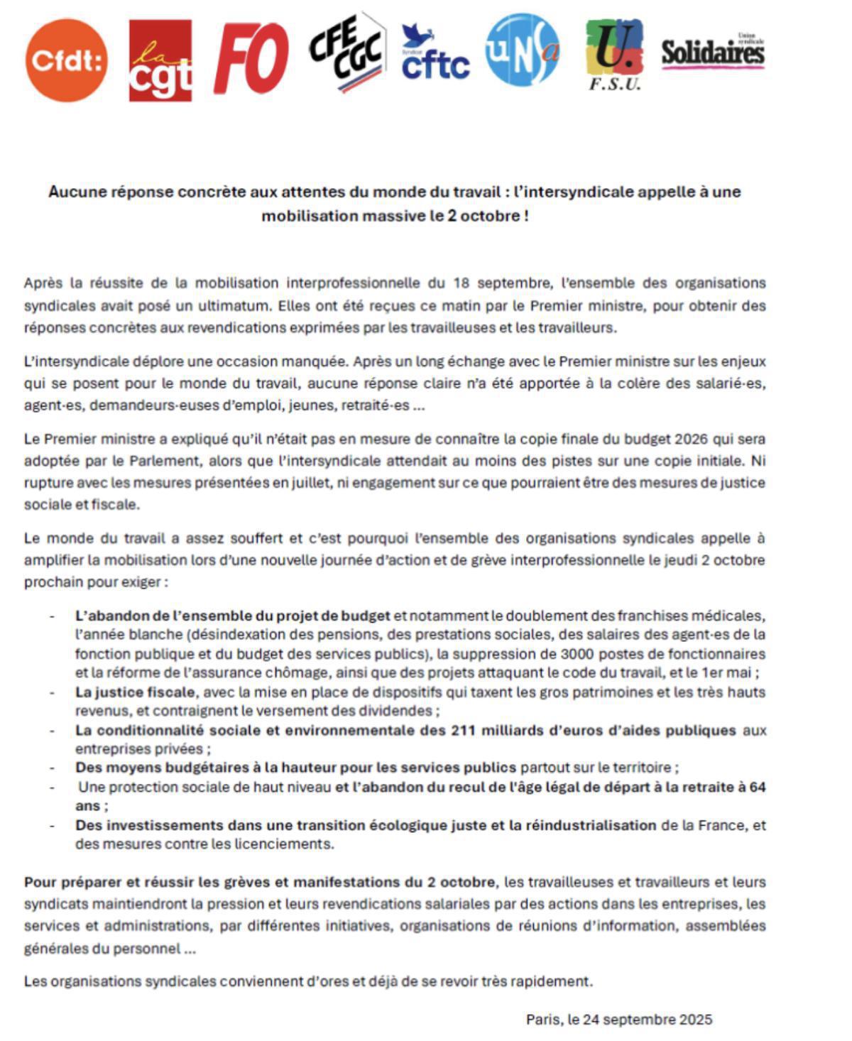 l’intersyndicale appelle à une mobilisation massive le 2 octobre !