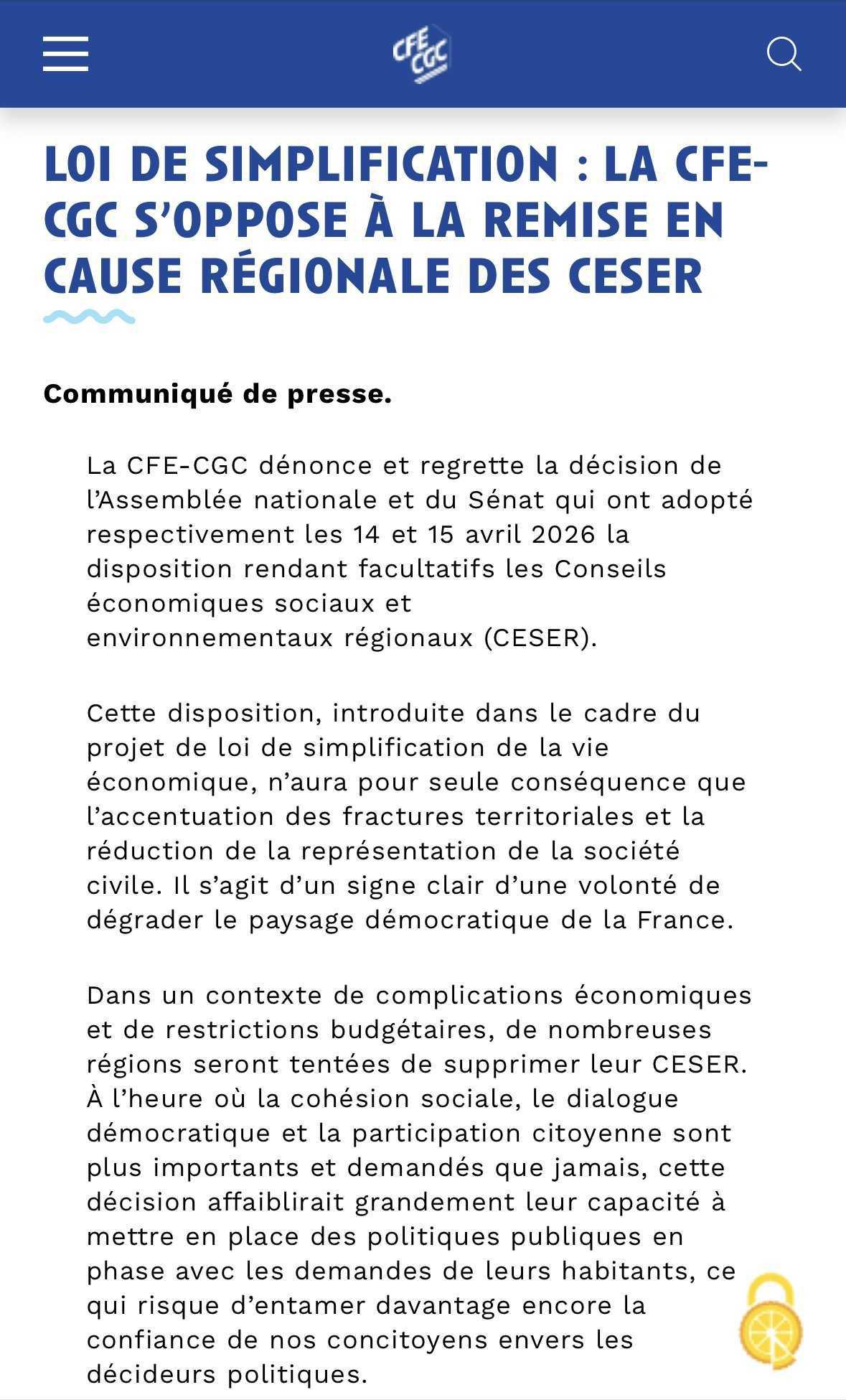 loi de simplification : la cfe-cgc s’oppose à la remise en cause régionale des ceser