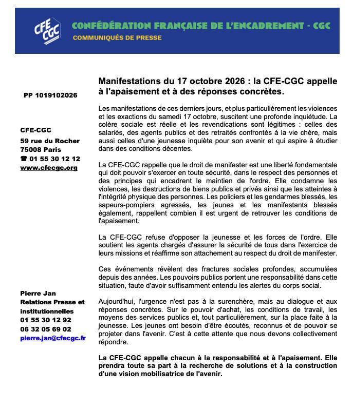 Manifestations du 17 octobre 2026 : la CFE-CGC appelle à l'apaisement et à des réponses concrètes