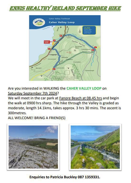 Ennis Healthy Ireland September Hike: Caher Valley Loop (September 7th) Ennis Healthy Ireland September Hike: Caher Valley Loop (September 7th)