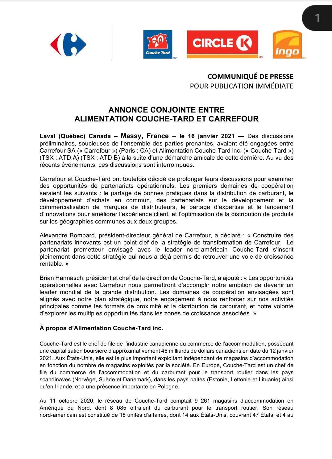CARREFOUR ET COUCHE TARD RENONCE A UN RACHAT ET EXAMINENT UN PARTENARIAT CARREFOUR ET COUCHE TARD RENONCE A UN RACHAT ET EXAMINENT UN PARTENARIAT