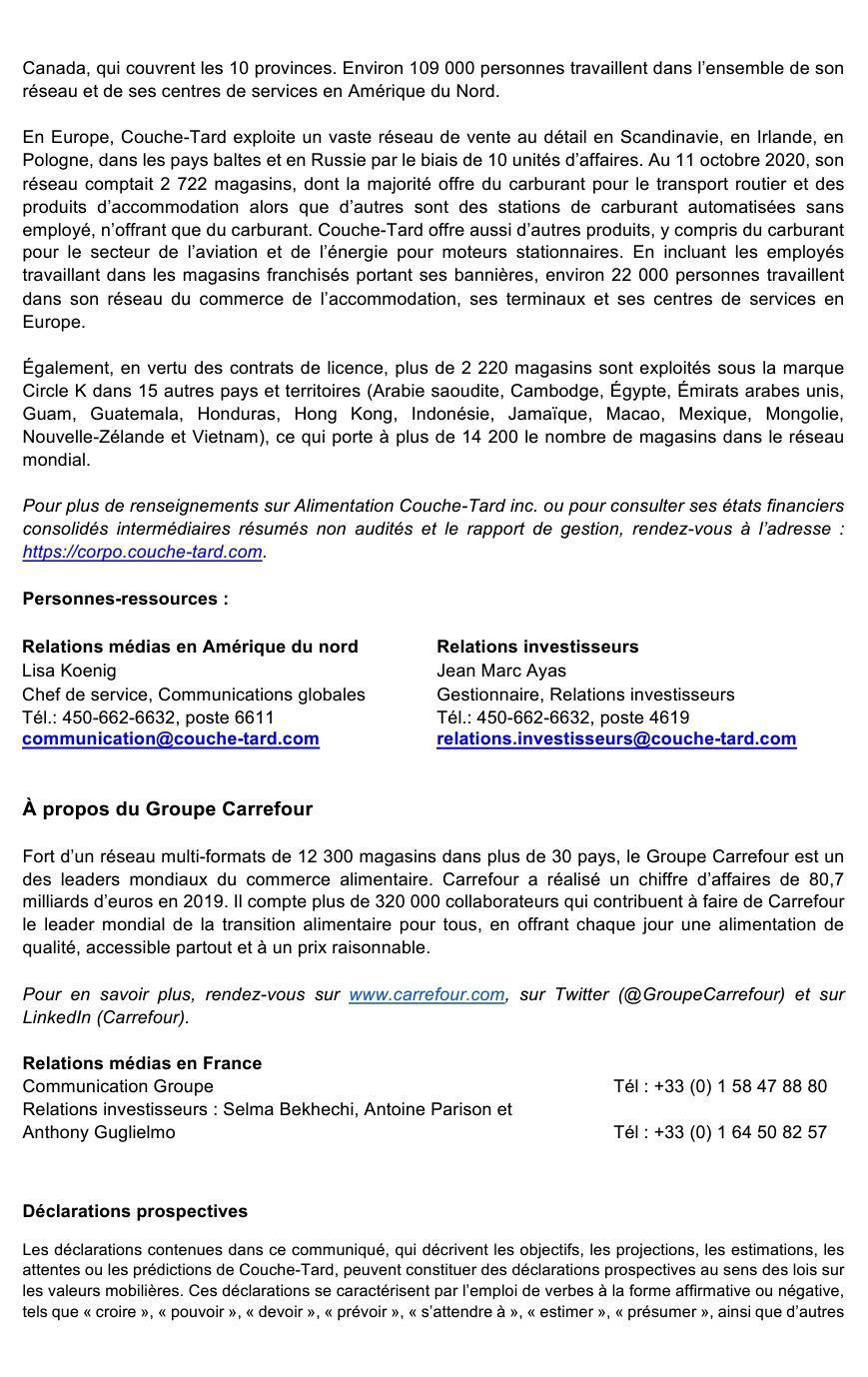 CARREFOUR ET COUCHE TARD RENONCE A UN RACHAT ET EXAMINENT UN PARTENARIAT CARREFOUR ET COUCHE TARD RENONCE A UN RACHAT ET EXAMINENT UN PARTENARIAT