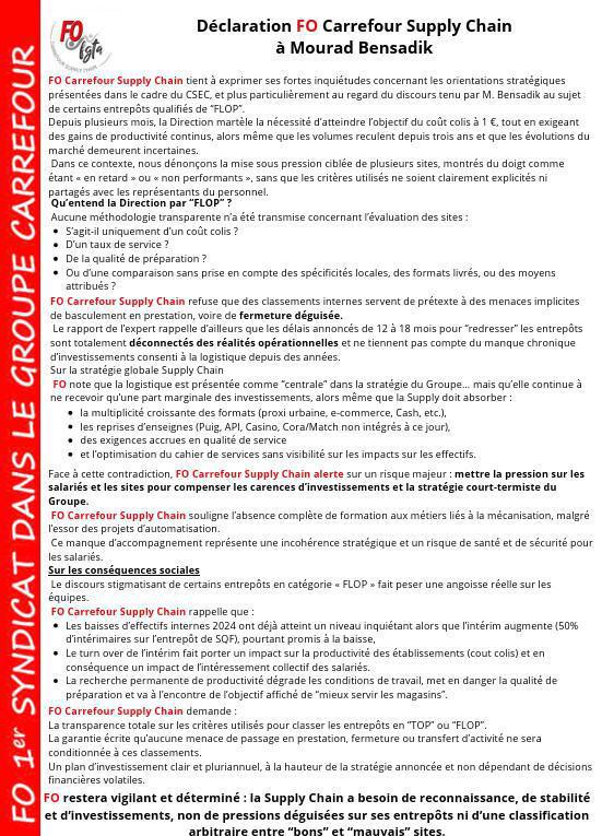 Déclaration FO à Mourad Bensadik sur les orientations stratégique de la Supply