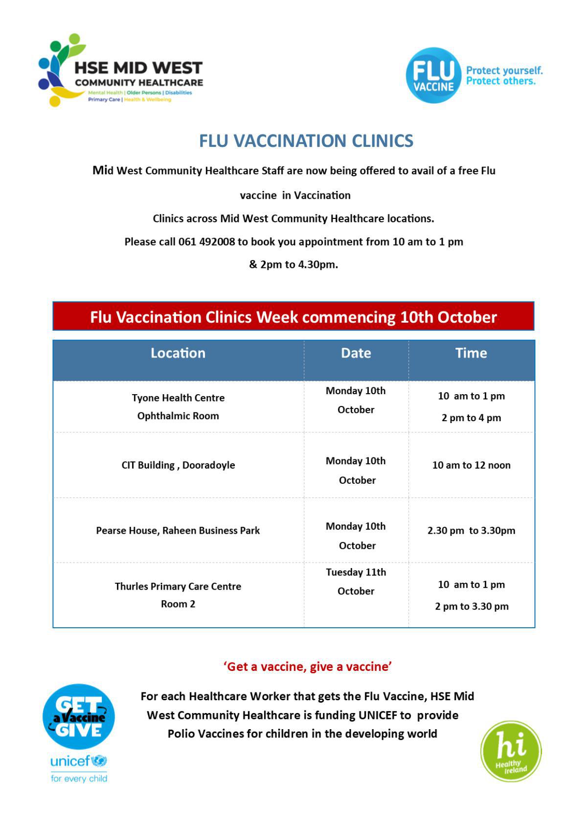 Week 10th Oct - Staff Flu Vaccination Clinics 