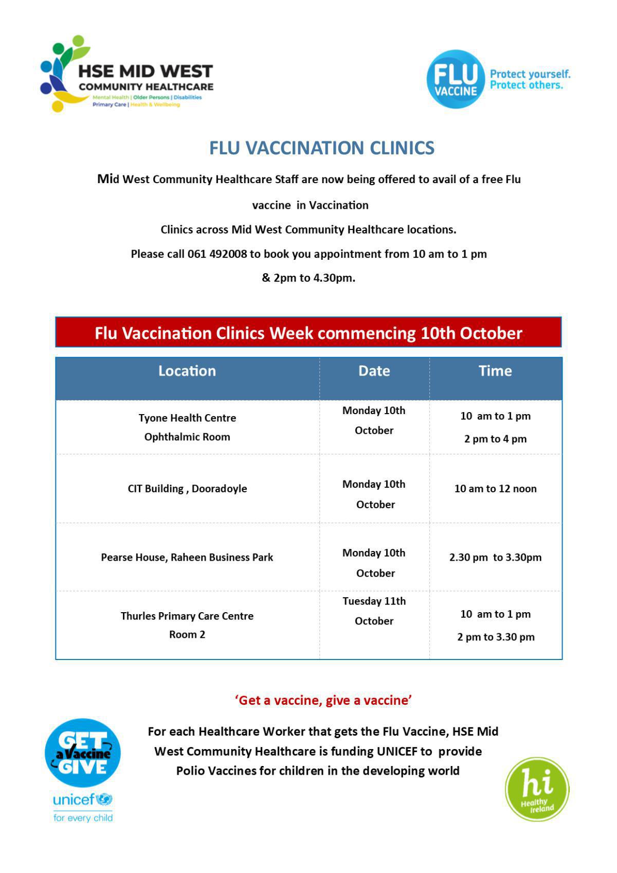 Week 10th Oct - Staff Flu Vaccination Clinics  Week 10th Oct - Staff Flu Vaccination Clinics
