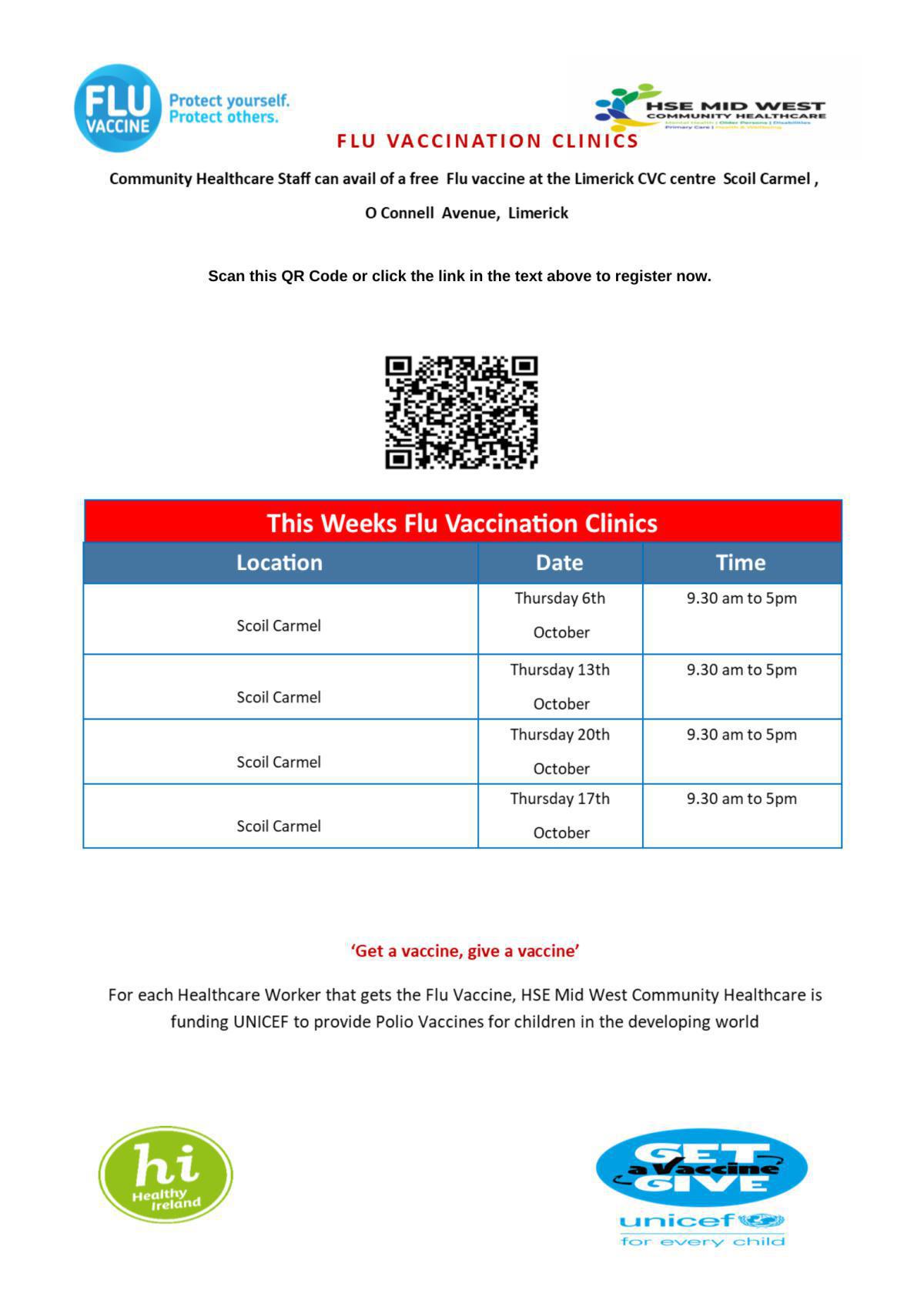 Week 10th Oct - Staff Flu Vaccination Clinics  Week 10th Oct - Staff Flu Vaccination Clinics
