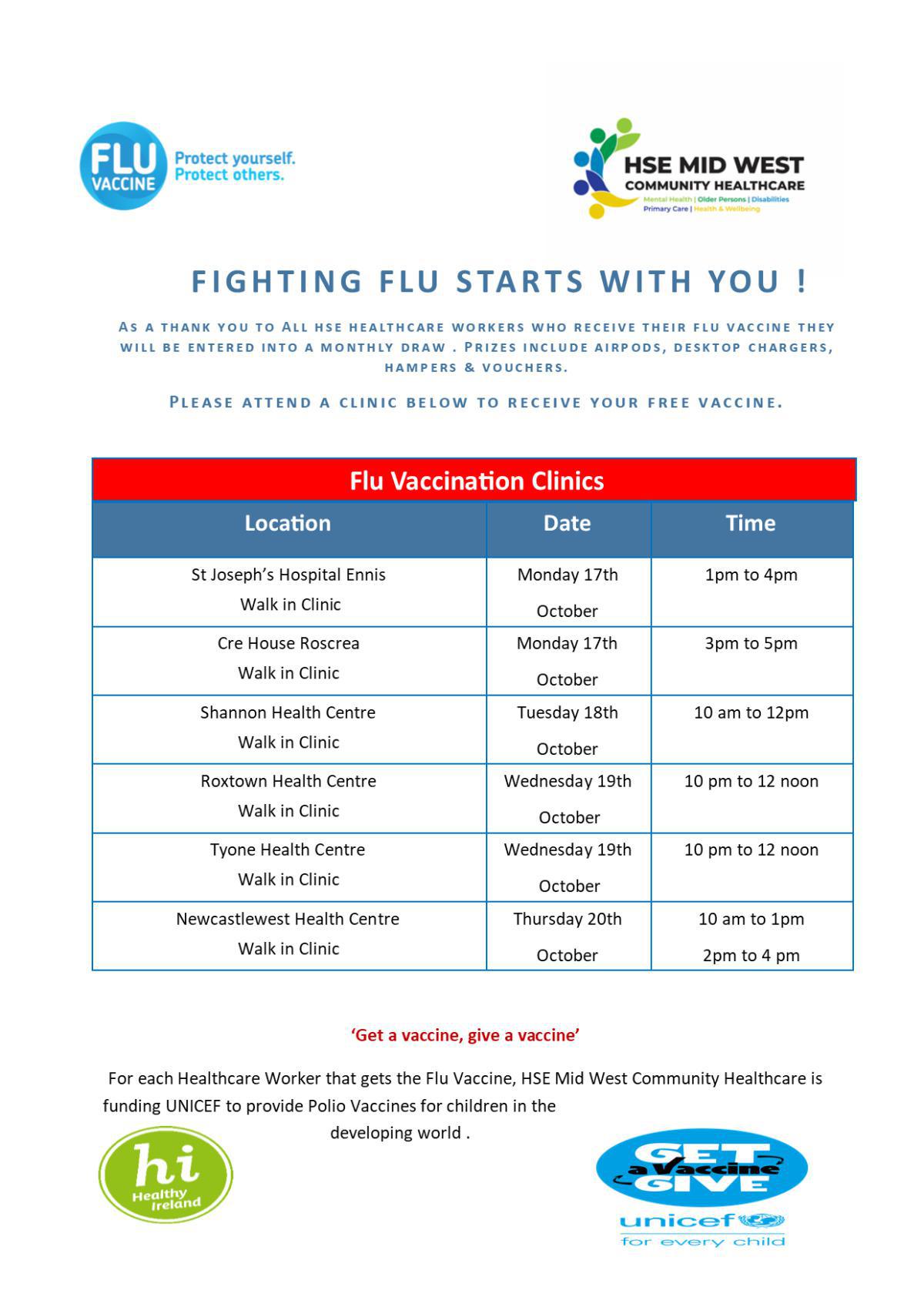 Week 17th Oct - Staff Flu Vaccination Clinics 