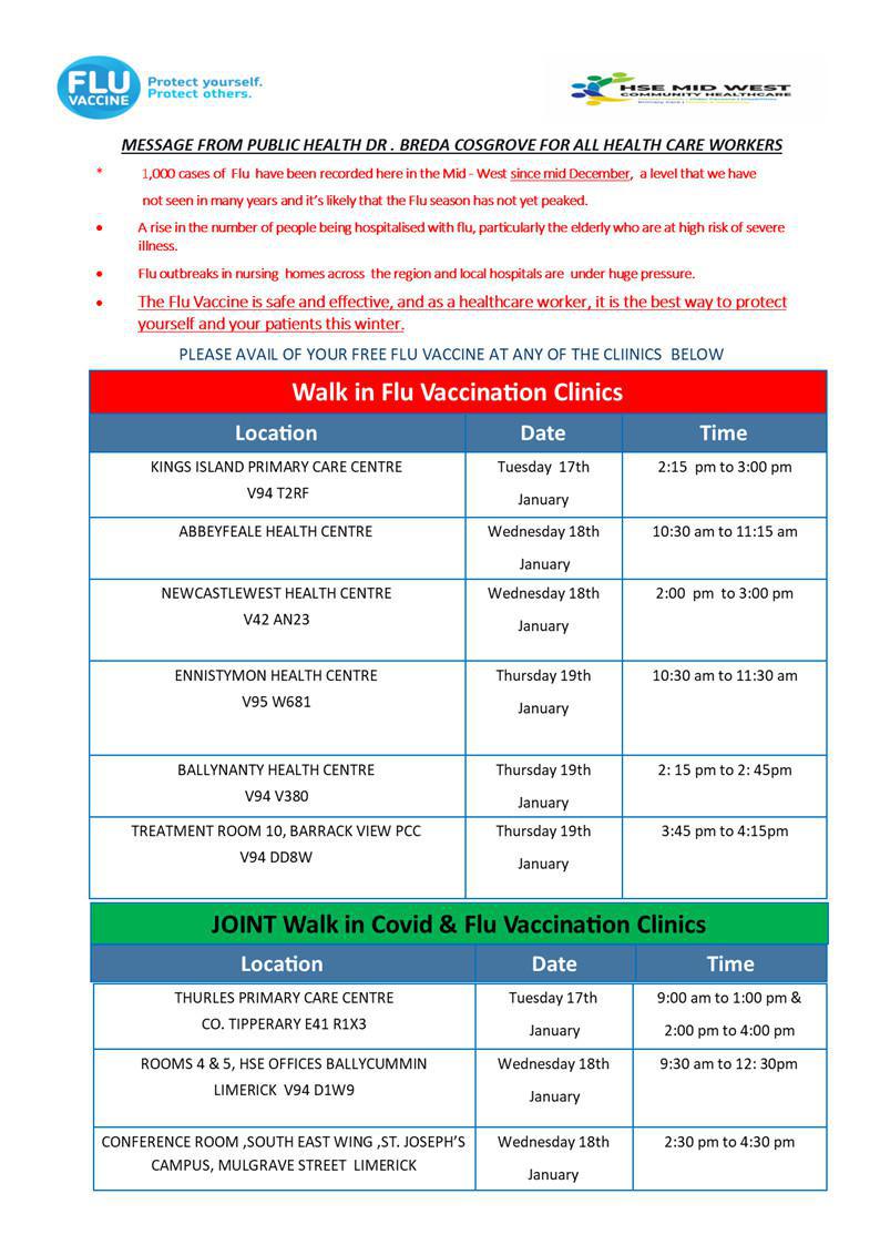 Flu Clinics - Week of Monday 16th of January 