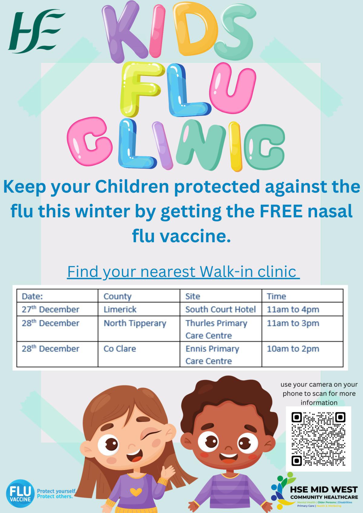 Walk-in nasal flu vaccination clinics for Children 