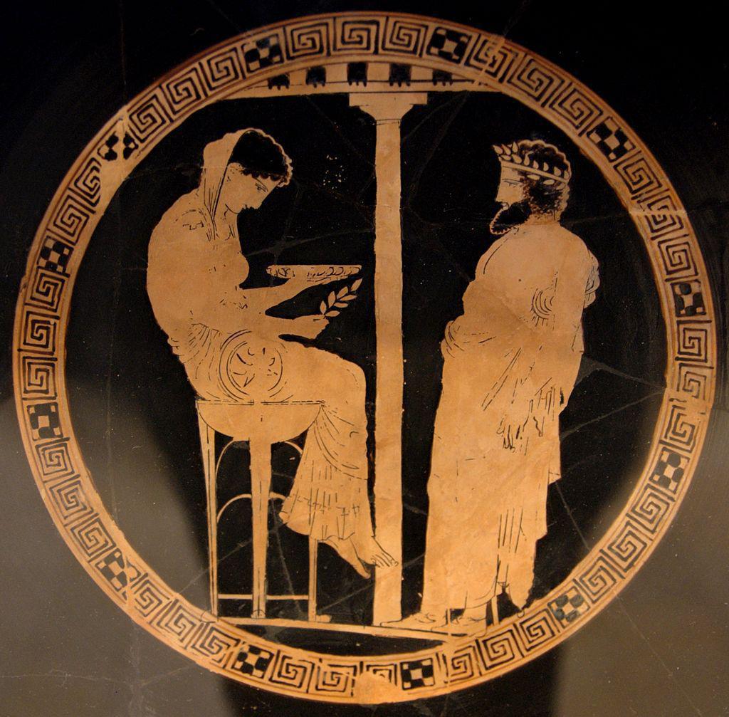 La consultation de l'Oracle de Delphes. Krodos, Kylix à figures rouges, vers 430 - 440 av. J.-C., Altes Museum, Berlin, Allemagne.