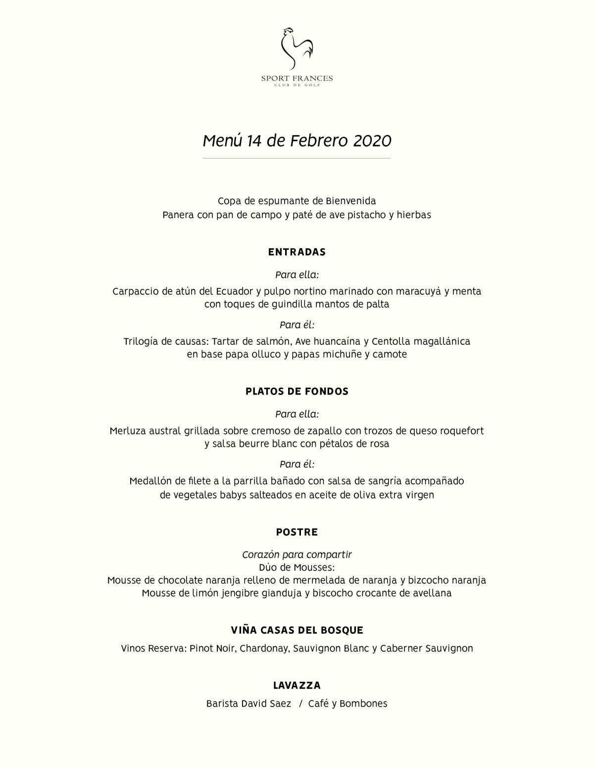 Menú Especial para la Noche de Enamorados en Club de Golf Sport Francés Menú Especial para la Noche de Enamorados en Club de Golf Sport Francés