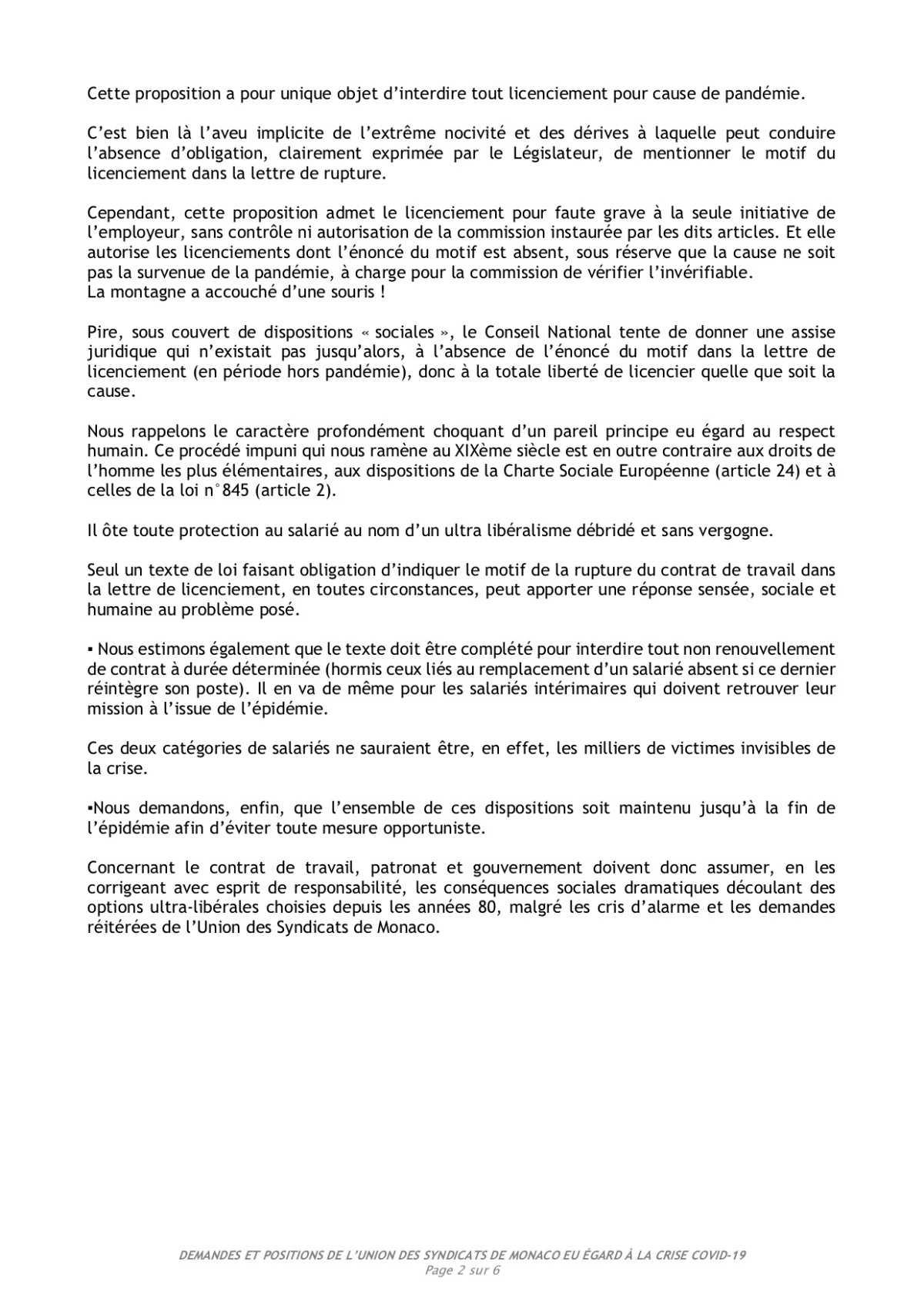 Demandes et positions de l'Union des Syndicats de Monaco eu égard à la crise Covid-19