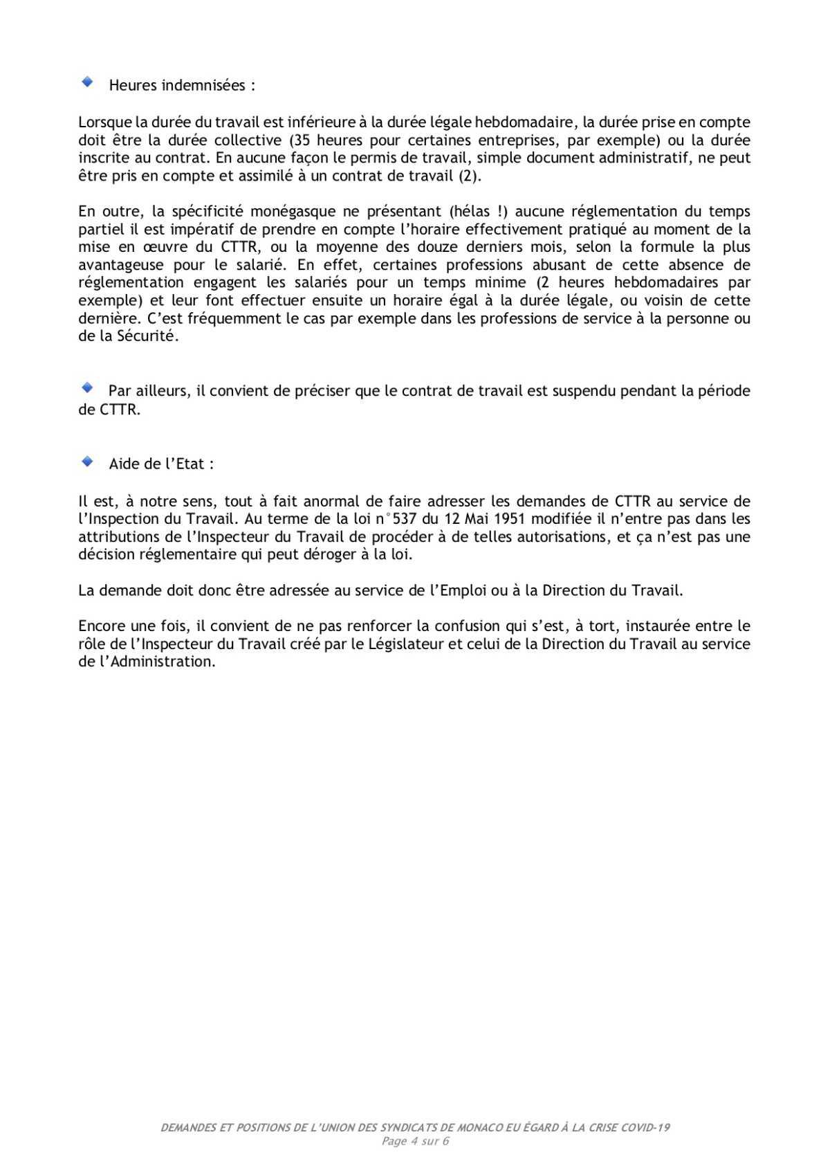 Demandes et positions de l'Union des Syndicats de Monaco eu égard à la crise Covid-19